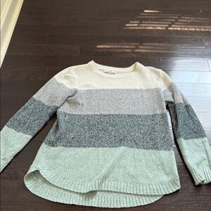 Pink Clover Striped Knit Sweater in Cream, Light Gray, blue/gray, and Mint